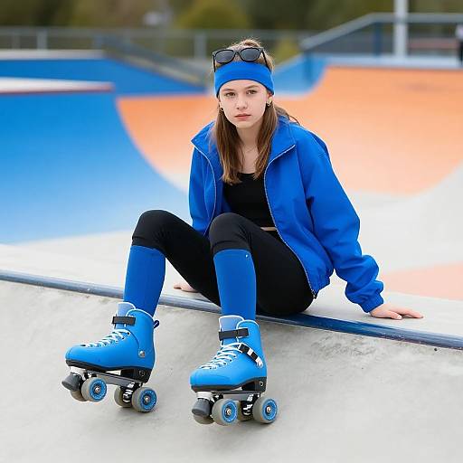 Photograph of a young woman with long brown hair, wearing a blue beanie, sunglasses on head, blue jacket, black top, black pants,