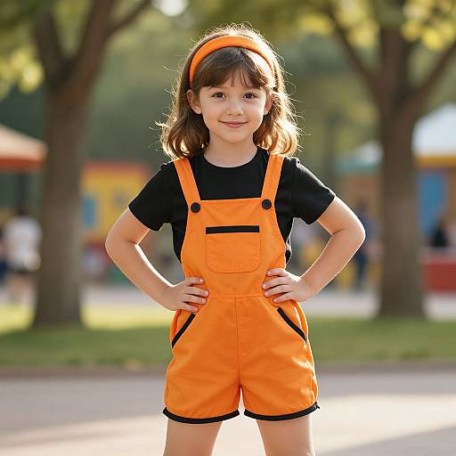 Young girl with brown hair and orange headband, wearing black shirt and bright orange overalls, stands confidently in sunlit park.