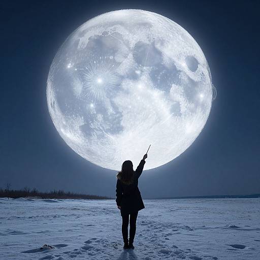 Photograph of a person with long hair, in dark clothing, standing on a snowy landscape, holding a pointer towards a massive, glowing full moon in