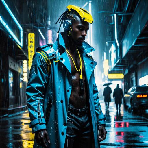 Cyberpunk Man in Neon Blue Trench Coat