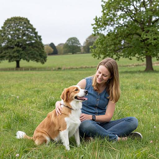 Woman Petting Dog in Green Field