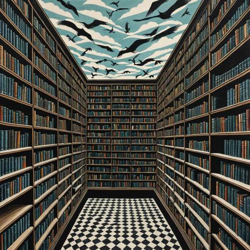 Surreal Endless Library with Flying Books