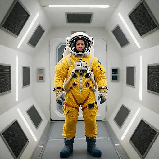 Astronaut in Yellow Spacesuit in Corridor