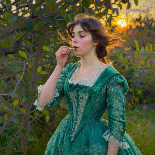 Photograph of a young woman with fair skin and dark brown hair in a green, lace-trimmed Victorian dress, biting a stem, standing in