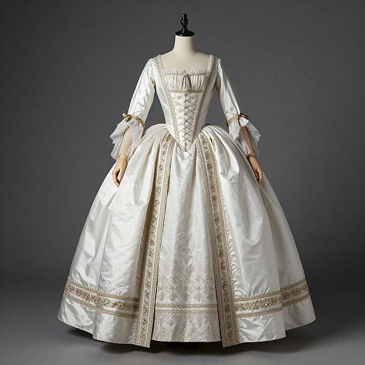 Photograph of a white, 19th-century Victorian ball gown on a mannequin, featuring intricate gold embroidery, square neckline, long sleeves,