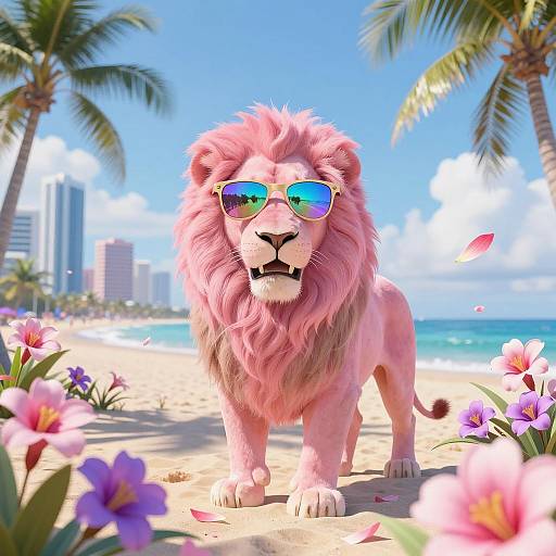 Vibrant Pink Lion Amid Tropical Paradise