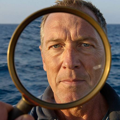 Close-up photograph of middle-aged man with serious expression, viewed through a magnifying glass, against a blue ocean background.