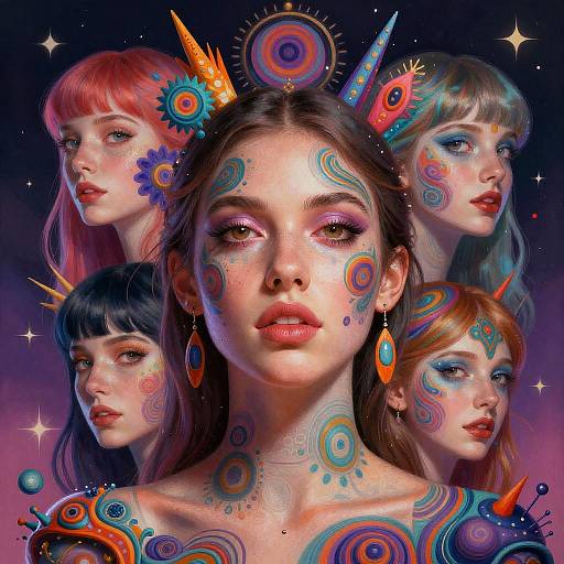 Digital artwork: Five ethereal women with colorful, swirling face tattoos, horn headpieces, and vibrant makeup, against a starry purple background.