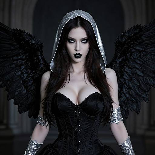 Gothic angel woman with black wings, silver hood, black corset, dark lipstick, pale skin, and metallic arm bands in dark, ar
