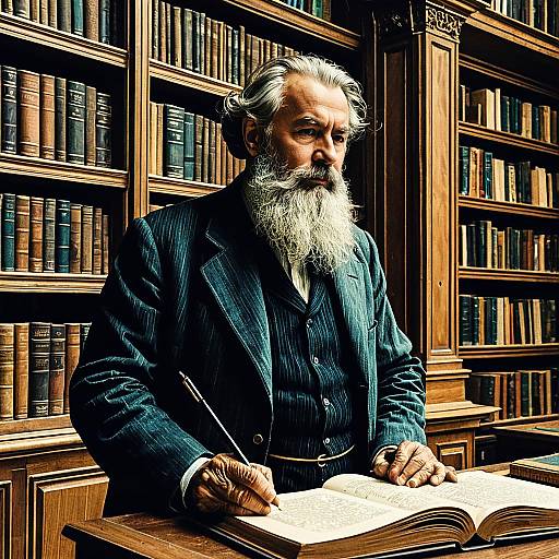 Elderly Man Writing in Classical Library