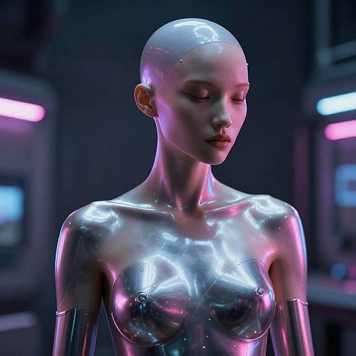 Photorealistic CGI of a bald, androgynous, metallic-skinned humanoid with glowing pink and blue lights, bare-chested, in a