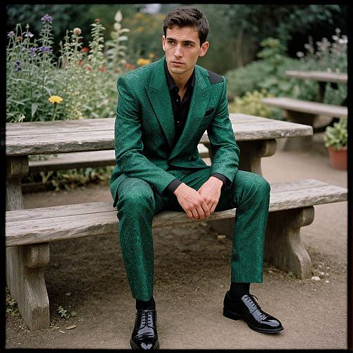 Photograph: Handsome man with short dark hair, green patterned suit, black shirt, and polished black shoes, sitting on a wooden bench in