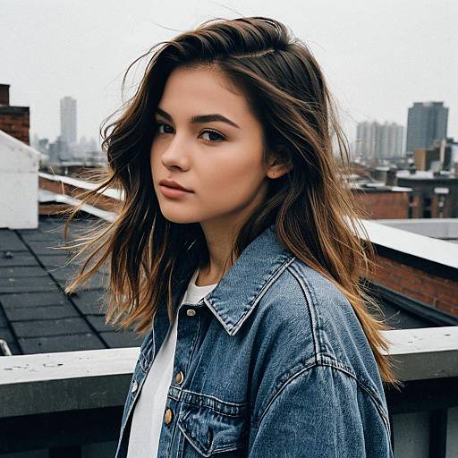 Young Woman with Deep Side Part Hairstyle on Rooftop