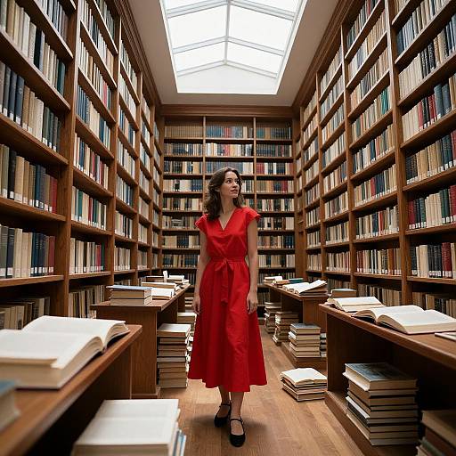 Photograph of a woman in a vibrant red dress standing in a dimly lit, wooden bookshelf-filled library with stacks of books on the floor.