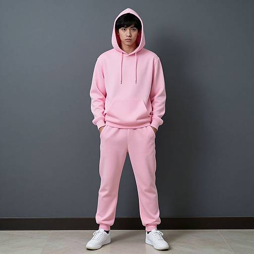 Photograph of a young man with medium skin tone, black hair, wearing a pink hooded sweatshirt and matching pants, white sneakers, standing against