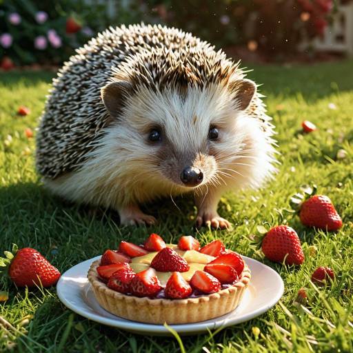 Hedgehog with Strawberry Pie on Lawn