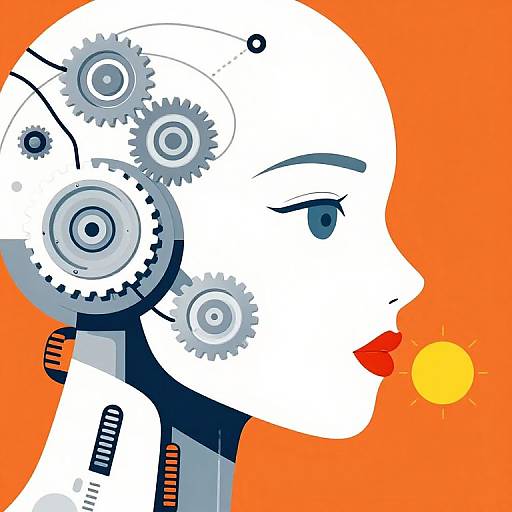 Digital art of a white female robot profile with gears in the head, red lips, blue eyes, and orange background with a yellow sun.