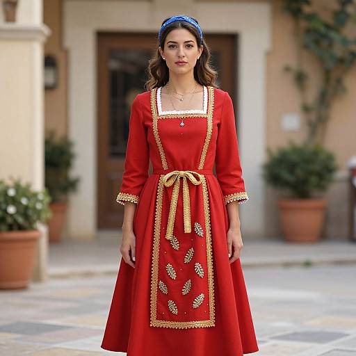 Photograph of a young woman with olive skin, brown hair, blue headband, wearing a red dress with gold embroidery, standing in a sunlit
