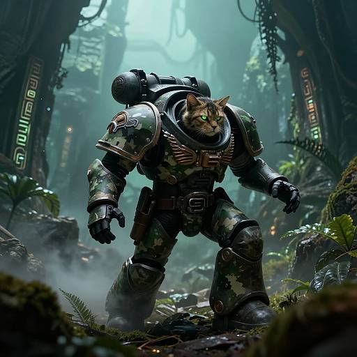 Digital artwork: An armored, green-eyed cat warrior stands in a misty, futuristic forest, with glowing signs and dense foliage. Sci-fi fantasy style