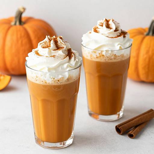 Photograph of two glasses of pumpkin spice milkshakes with whipped cream and cinnamon, set against a white background with orange pumpkins and cinnamon sticks.