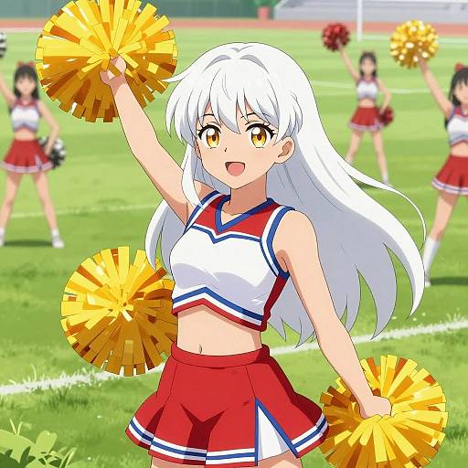 Digital anime-style illustration of a white-haired, yellow-eyed cheerleader with a red and white uniform, holding yellow pom-poms, standing on a green