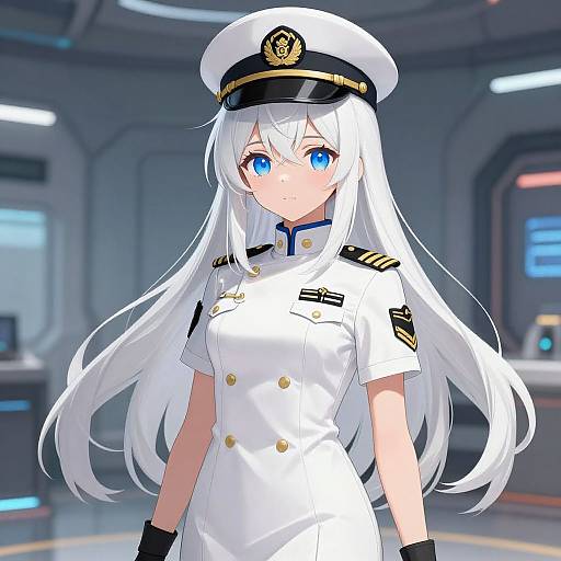 Anime-style digital artwork of a white-haired, blue-eyed, young female naval officer in a white uniform with gold buttons and black gloves, standing in a