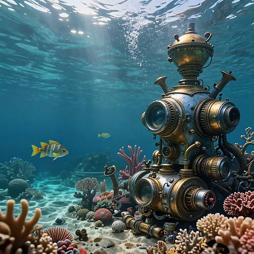 Photorealistic digital art: Steampunk robot amidst underwater coral reef, with sunlight filtering through the water, yellow fish swimming nearby.