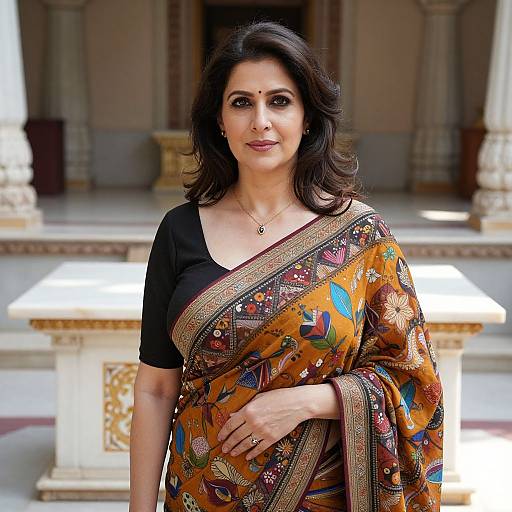 Photograph of an Indian woman with medium skin tone, dark wavy hair, wearing a black top and colorful, patterned orange sari, standing