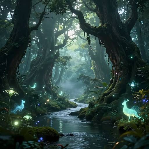 Mystical forest scene: ethereal blue fireflies, glowing deer, misty light, dense trees, winding stream, digital fantasy art, enchanted