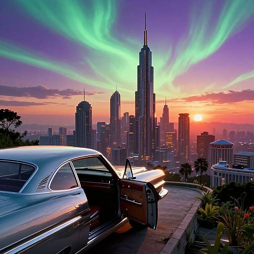 Photograph of a vibrant sunset over a city skyline with neon green auroras, featuring a classic car with its trunk open.