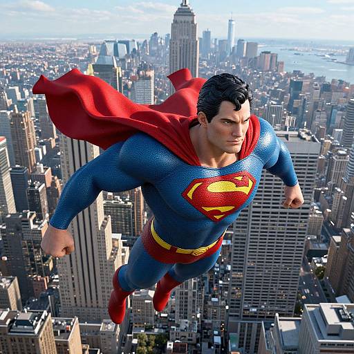 Digital artwork of Superman flying over a sprawling cityscape with skyscrapers; he's in blue, red, and yellow costume with a red cape.