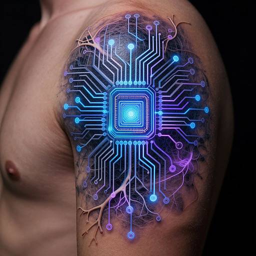 Photograph of a shirtless man's upper body with a glowing, cybernetic circuit tattoo on his right shoulder in blue and purple neon lights,