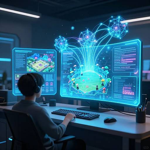 Photograph of a person with short black hair, wearing headphones, sitting at a desk with dual blue-lit computer monitors displaying futuristic network diagrams and data