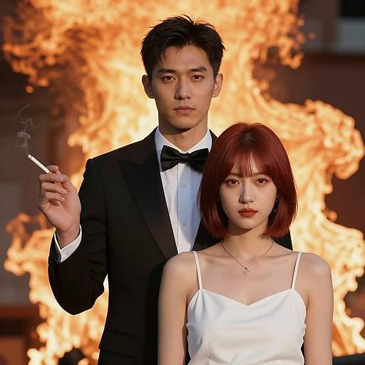 Fiery Background Couple in Formal Attire