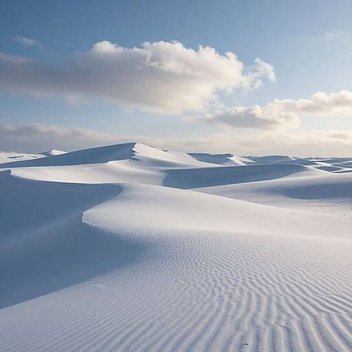 Photograph of a vast, sunlit snow desert with rippled sand dunes under a bright blue sky with scattered clouds.