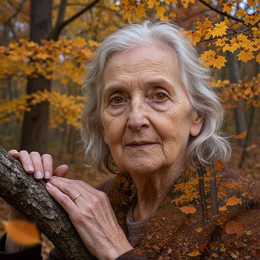 Photograph of an elderly woman with white hair, holding a tree branch in an autumn forest, surrounded by vibrant orange leaves.