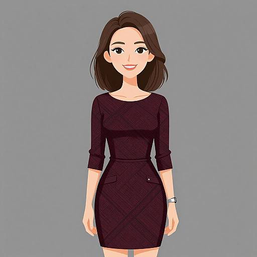 Digital illustration of a smiling woman with fair skin, dark brown hair, wearing a black, long-sleeved, form-fitting dress, and a