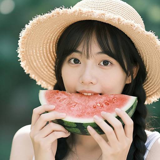Photograph of an Asian woman with black hair, wearing a straw hat, eating a slice of watermelon with a green rind.