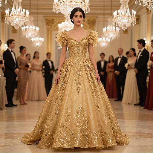 Elegant Woman in Gold Ballroom Gown