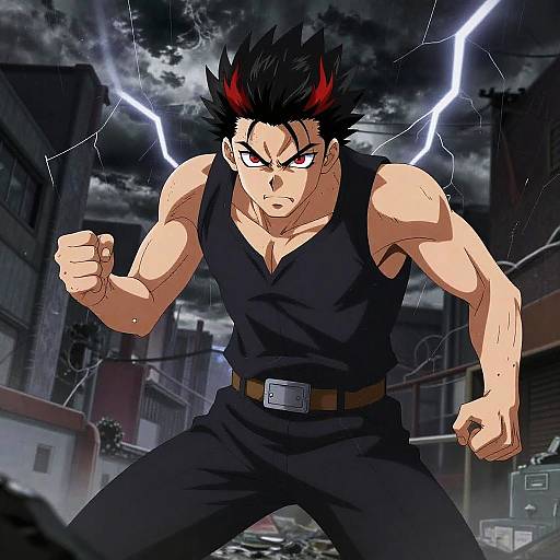 Digital anime-style drawing of a muscular, black-haired man with red streaks, intense expression, wearing a black tank top and pants, fists clenched