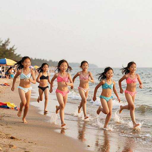 Photograph of five Asian girls in colorful bikinis joyfully running along a sandy beach, splashing in the shallow waves at sunset.