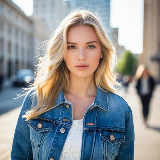 Young blonde woman in denim jacket outdoors