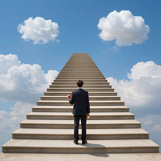 Photograph of a man in a black suit standing at the bottom of a massive stone staircase, ascending into a bright blue sky with fluffy white clouds.
