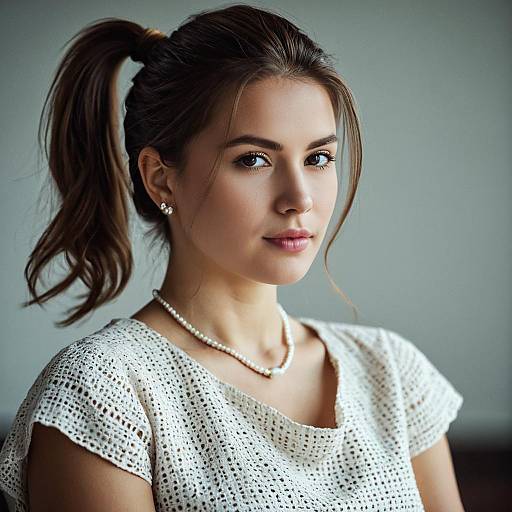 Young Woman in White Linen Dress with Ponytail