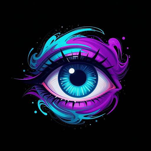 Digital art of a glowing blue eye with neon pink and cyan swirls, black background, vibrant colors, and intricate eyelashes.