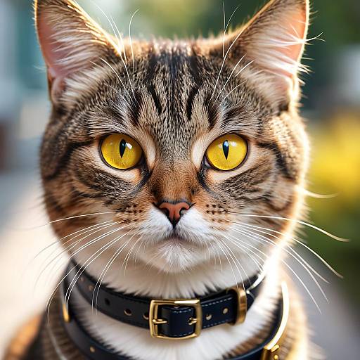 Close-Up of Tabby Cat with Yellow Eyes and Collar