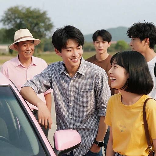 Group of Friends Smiling Outdoors by Car