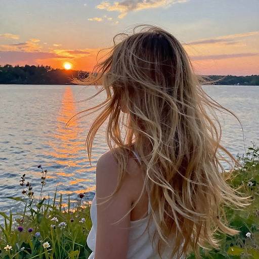 Photograph of a woman with long, wavy blonde hair blowing in the wind, standing by a lake at sunset, wearing a white tank top,