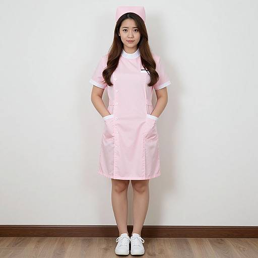 Photograph of a young woman with long brown hair, wearing a light pink nurse uniform, white hat, hands in pockets, white sneakers, standing against