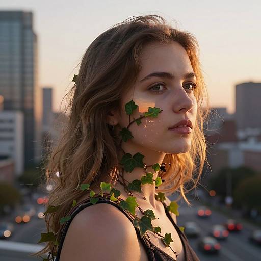 Photograph of a young woman with wavy brown hair, wearing a black top, adorned with green ivy leaves, against a sunset cityscape.